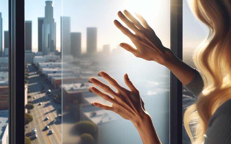 Renter applying removable smart film to a window in a Los Angeles apartment as a renter-friendly privacy solution