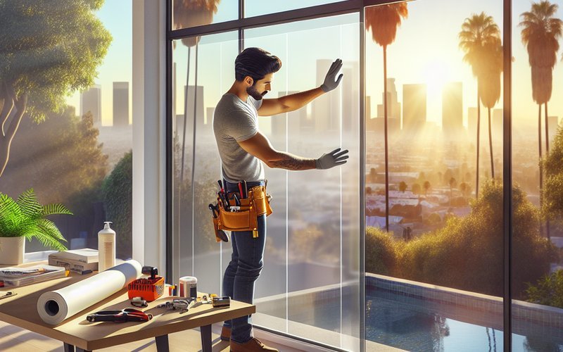 Installer applying smart film to a large window in a Los Angeles home as an alternative to full smart glass replacement