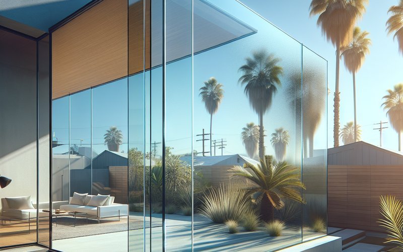 Smart glass panel on a Los Angeles home exterior transitioning to tinted mode under intense Southern California sun