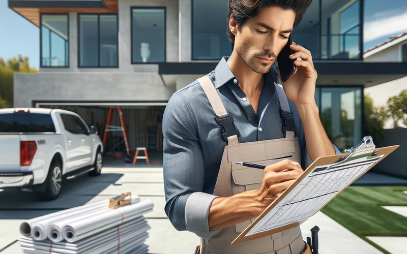 Contractor reviewing a delayed smart glass installation schedule outside a Los Angeles home