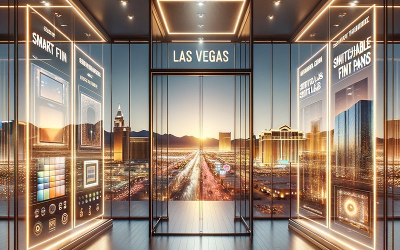 Smart film, smart glass, and LED film panel samples displayed in a Los Angeles showroom for comparison