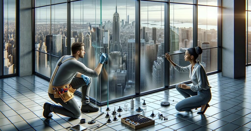 Technician installing smart glass film on a large window in a modern Los Angeles office with city views