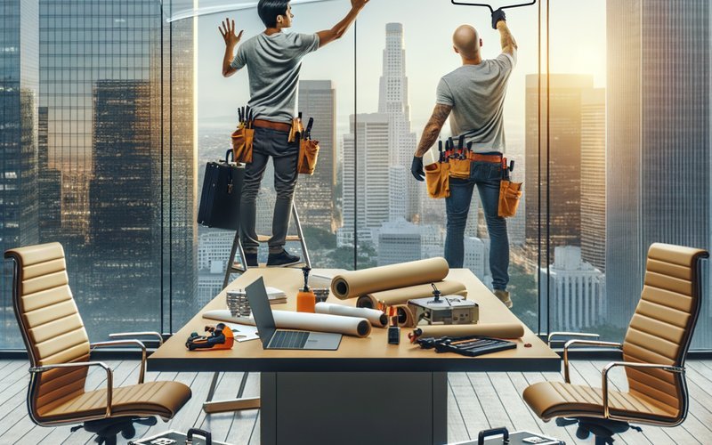 Smart glass installers applying switchable film to a conference room partition in a Los Angeles office