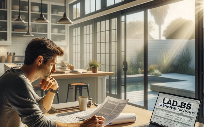 Homeowner reviewing LADBS permit documents for a smart glass installation project in Los Angeles