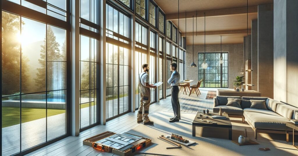 A professional smart glass installer in Los Angeles reviewing switchable glass options with a homeowner in a modern sunlit living room