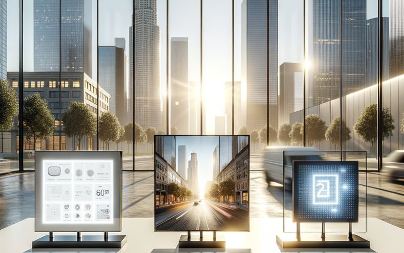Smart film, smart glass, and LED film product samples displayed side by side in a Los Angeles showroom for comparison