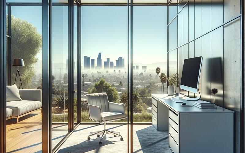 Smart film on glass partition walls in a Los Angeles home office reducing glare and providing on-demand privacy