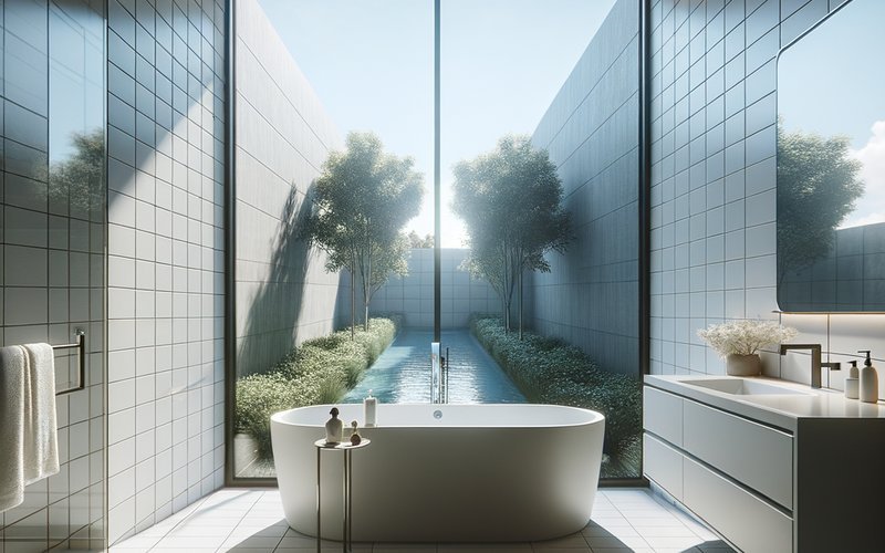 Smart glass installed in a Los Angeles master bathroom window providing privacy while letting in natural light