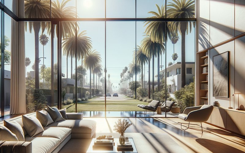 West-facing living room in a Los Angeles home with smart glass reducing afternoon sun glare through large windows