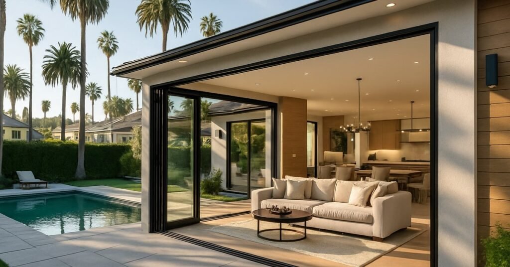 Operable glass wall installation on a Beverly Hills luxury home with folding panels open to a sunny outdoor patio