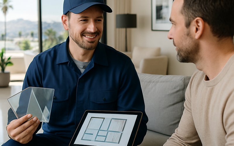 Licensed electrochromic glass installer consulting with a homeowner in Los Angeles and showing smart glass product samples