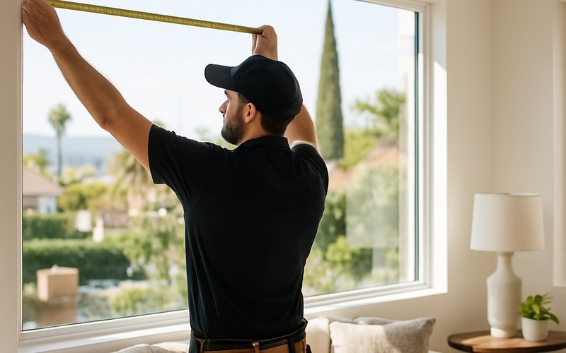 Contractor measuring a window for electrochromic glass installation inside a modern Los Angeles home