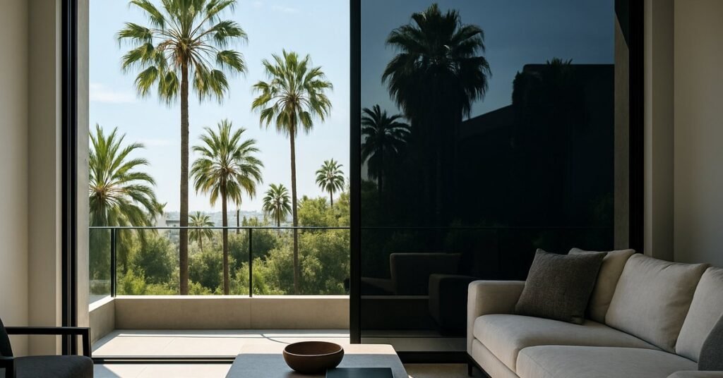 Electrochromic glass installed on a modern Los Angeles home window transitioning from clear to tinted in bright California sunlight