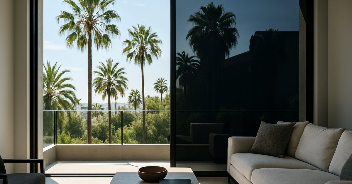 Electrochromic glass installed on a modern Los Angeles home window transitioning from clear to tinted in bright California sunlight