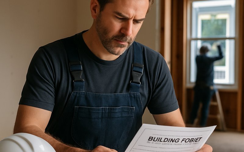 A contractor reviewing permit documents for a glass installation project in Los Angeles