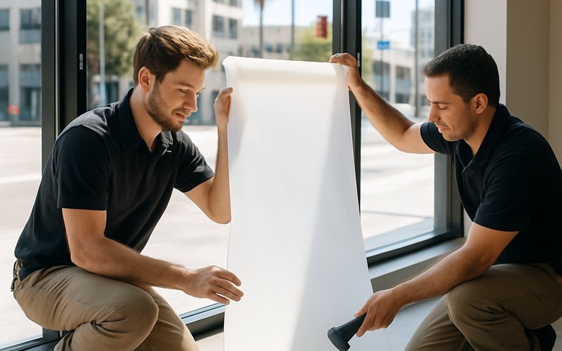 Installation crew applying smart film to a storefront window during a commercial glass installation service in Los Angeles