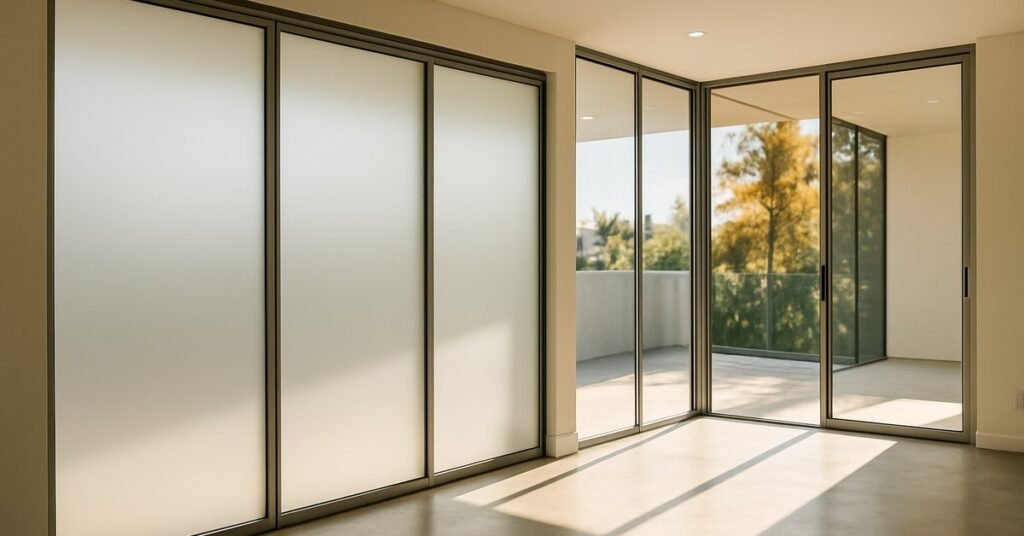 Glendale operable glass wall installation showing smart glass panels in privacy mode inside a modern Los Angeles interior
