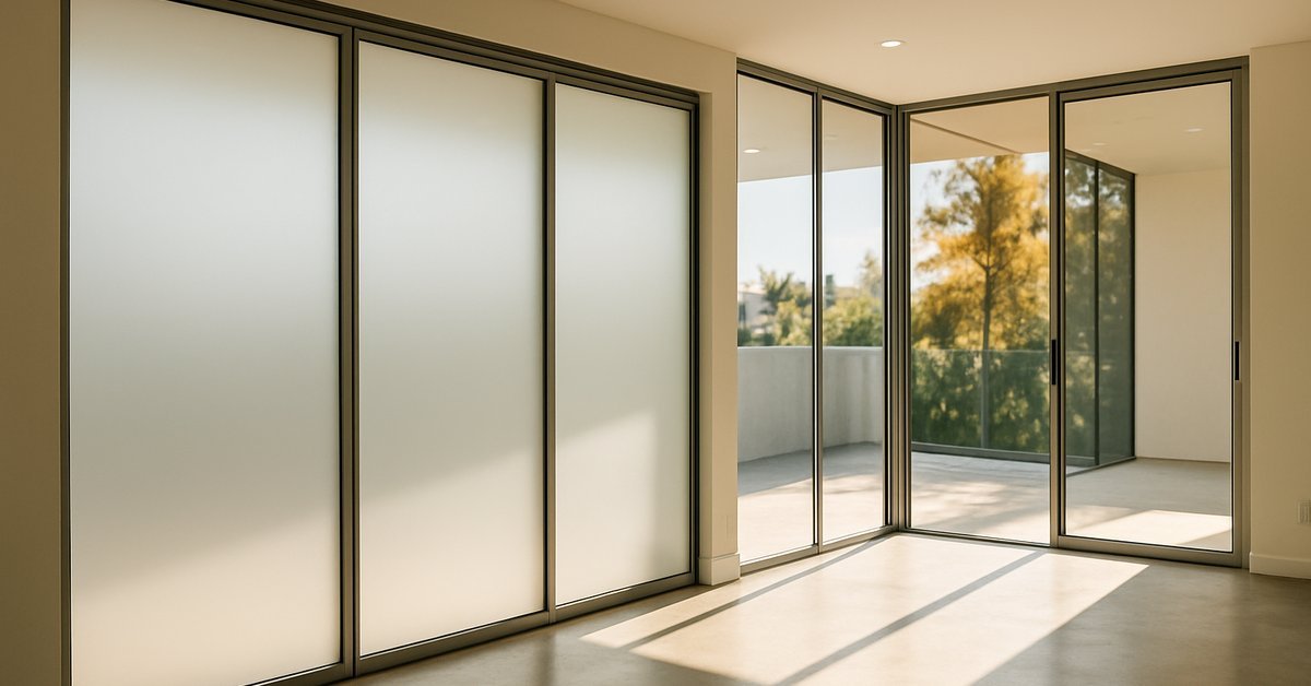 Glendale operable glass wall installation showing smart glass panels in privacy mode inside a modern Los Angeles interior