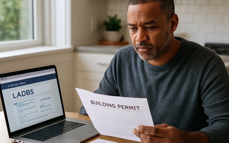 Homeowner reviewing LADBS building permit requirements for operable glass wall installation in Los Angeles