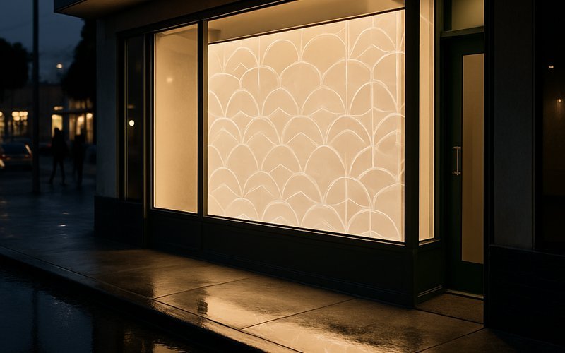 LED film illuminated on a commercial storefront window as part of a glass installation service in Los Angeles