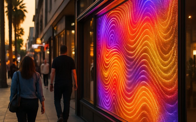 LED film installed on a Los Angeles retail storefront window displaying dynamic illuminated graphics