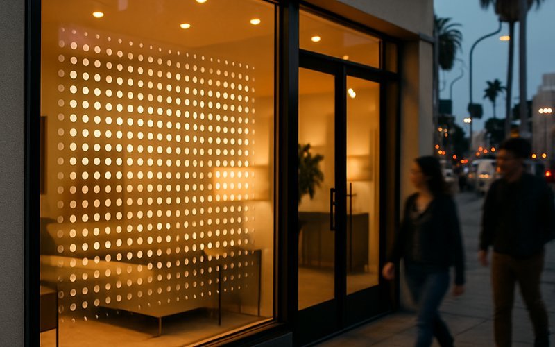 LED film applied to a retail storefront window in Los Angeles, showing an illuminated display pattern visible from the street at dusk