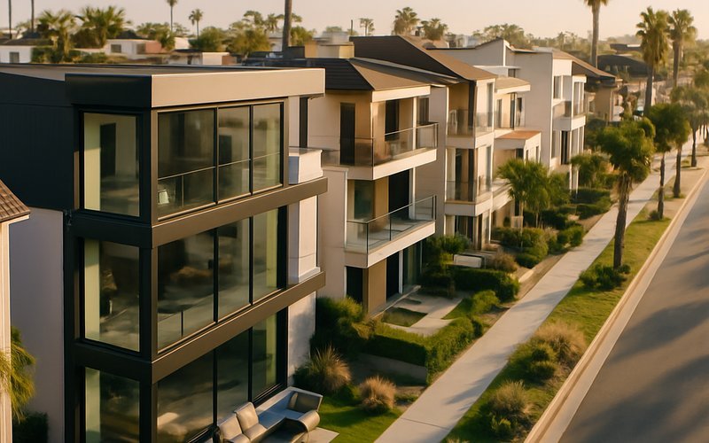 Modern homes with large operable glass wall systems in a Long Beach California beachside neighborhood