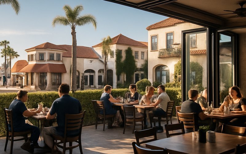 Operable glass wall panels fully open at a Belmont Shore Long Beach restaurant creating an indoor-outdoor dining experience