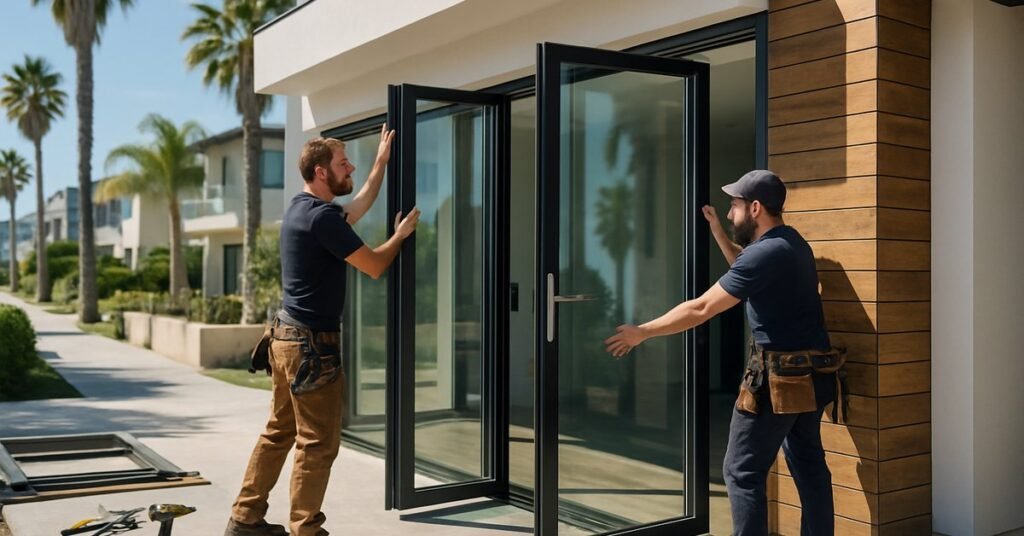 Contractor installing operable glass wall panels on a modern home in Long Beach, California during a sunny day