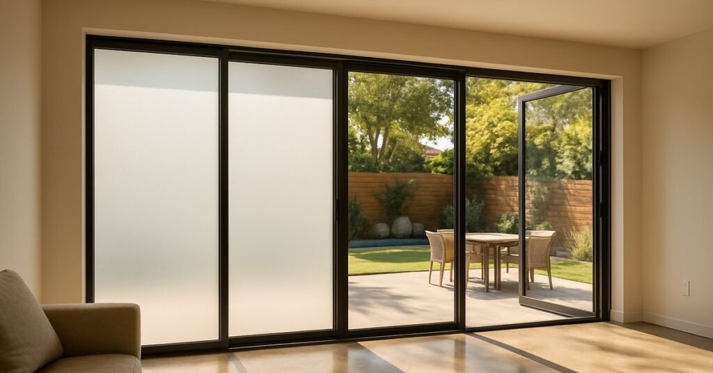 Operable glass wall installation with smart glass panels in a Long Beach California modern home interior opening to an outdoor patio