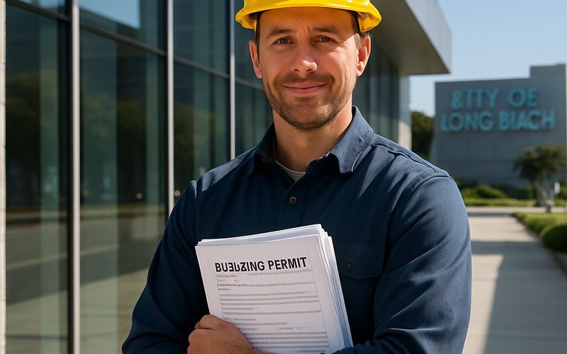 Contractor reviewing permit documents outside a Long Beach building with newly installed operable glass wall panels
