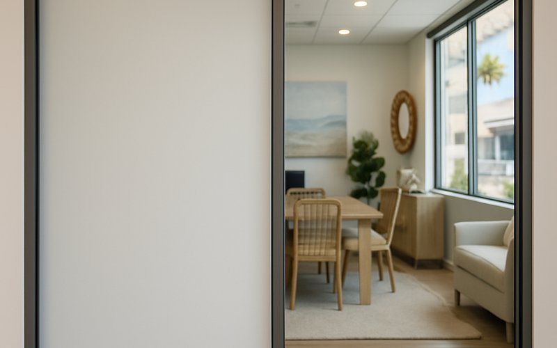 Smart film and smart glass panels on an operable glass wall system inside a Long Beach California commercial space