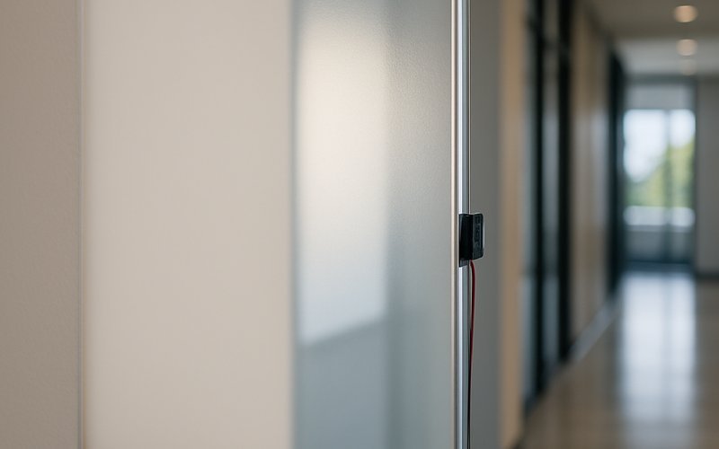 Smart glass panel transitioning from frosted to clear on an operable glass wall system in a Long Beach California commercial space