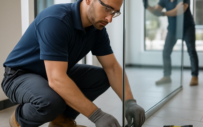 Professional installer fitting an operable glass wall panel during a Glendale Los Angeles installation project