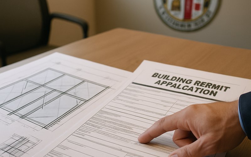 LADBS permit application for an operable glass wall installation in Los Angeles with architectural drawings on desk