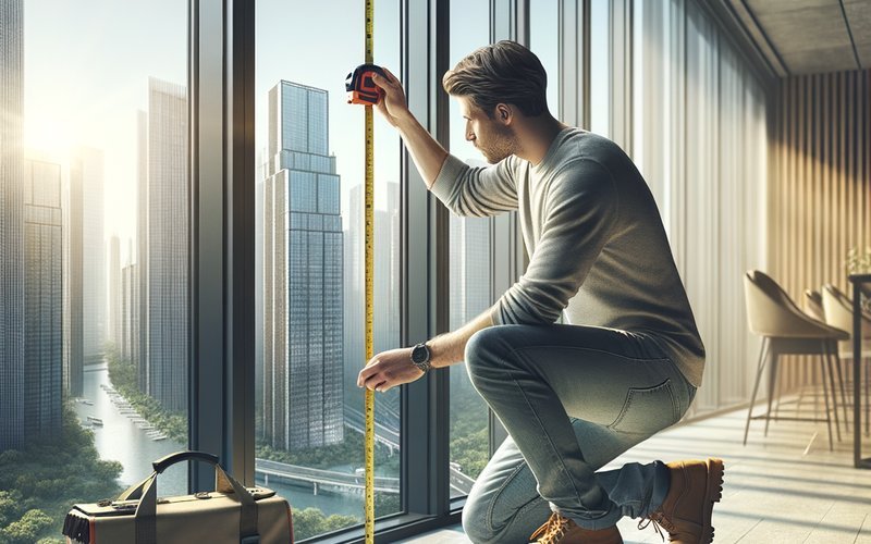 Technician measuring floor-to-ceiling windows in a San Jose high-rise condo for smart film cost estimation