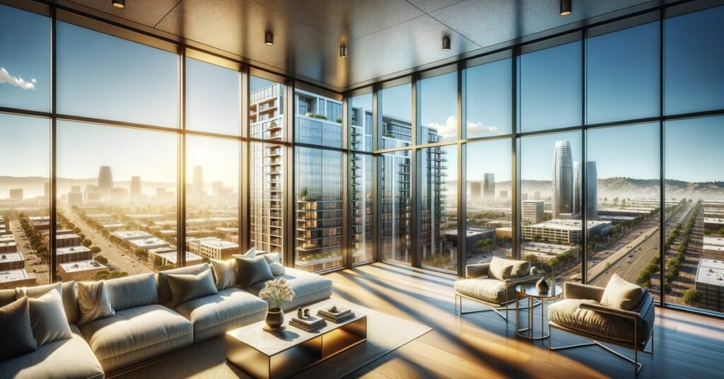Smart privacy glass installed on floor-to-ceiling windows in a San Jose high-rise condo with city skyline views