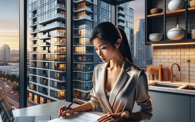 San Jose condo owner reviewing HOA rules for smart film installation at a kitchen table with high-rise windows behind them