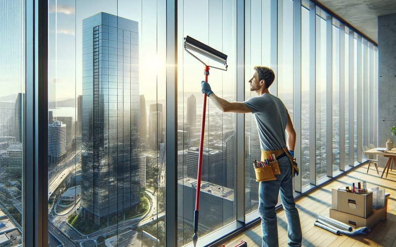 Professional installer applying smart privacy film to a floor-to-ceiling window in a San Jose high-rise condo