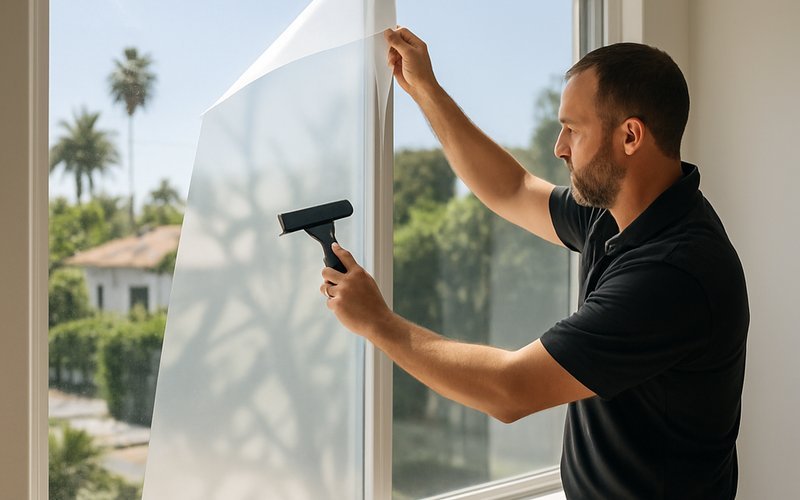 Technician installing smart film on existing windows in a Los Angeles home during a retrofit project