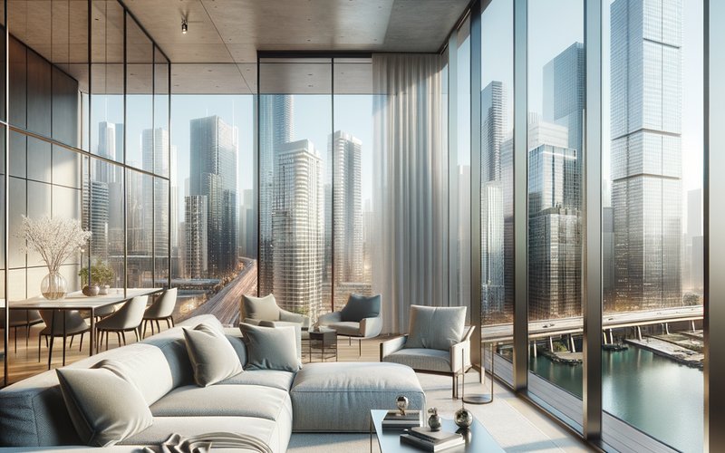 Smart film installed on floor-to-ceiling condo windows in a downtown San Jose high-rise