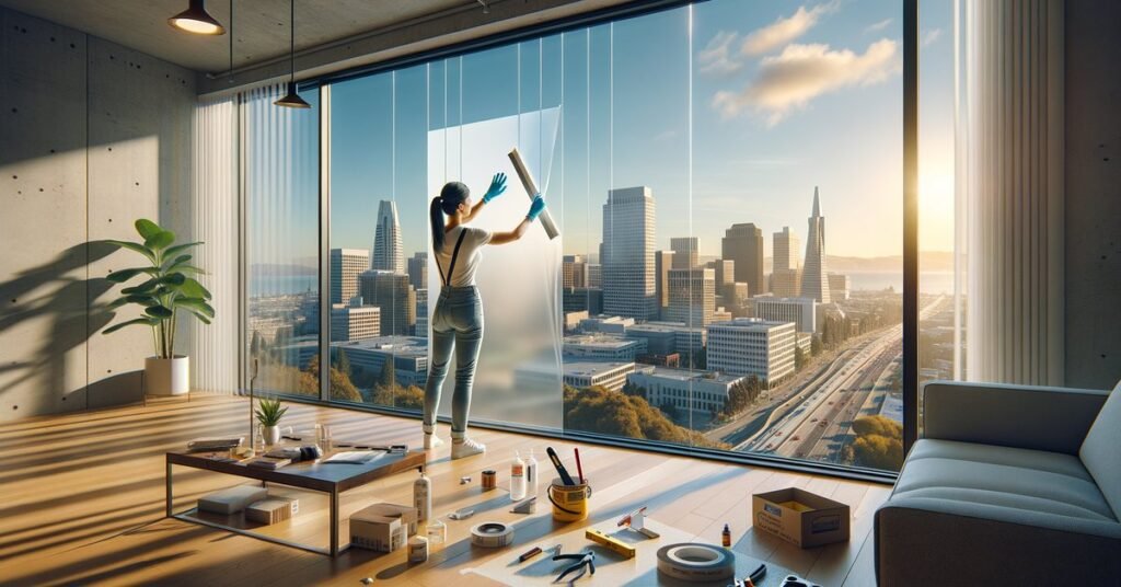 Technician applying smart film to existing windows in a San Jose high-rise with city skyline in background