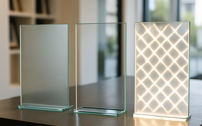 Side-by-side comparison of smart film, smart glass, and LED film panels at a Los Angeles switchable glass showroom