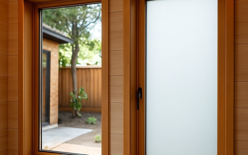 Smart film in privacy mode versus clear smart glass panel installed on ADU windows in a San Jose backyard studio