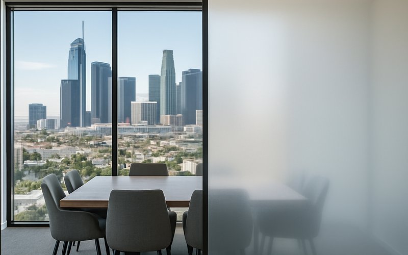 Smart film on a glass partition in a Los Angeles office showing clear and frosted states side by side