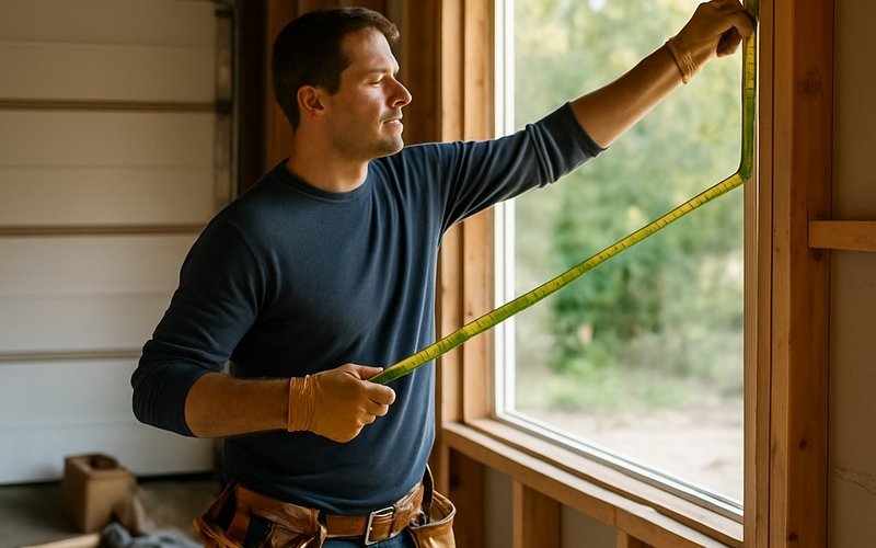 Contractor measuring window opening for smart glass installation inside a San Jose garage conversion ADU
