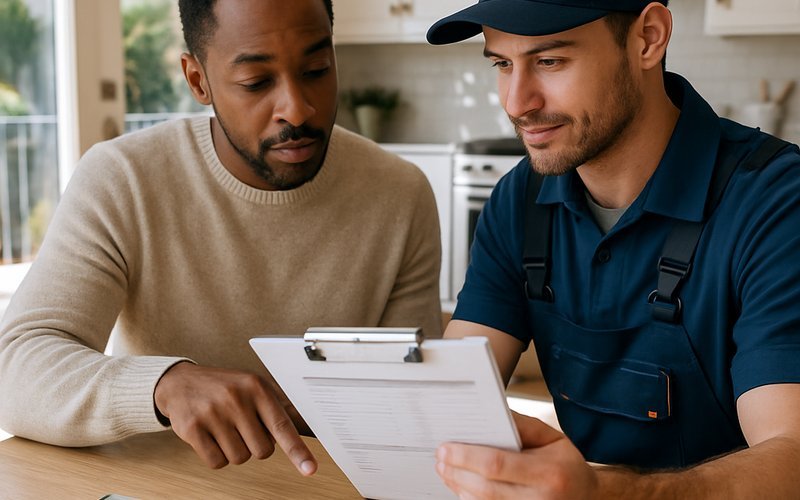 A homeowner reviewing a smart glass installation cost estimate with a contractor in a Los Angeles home