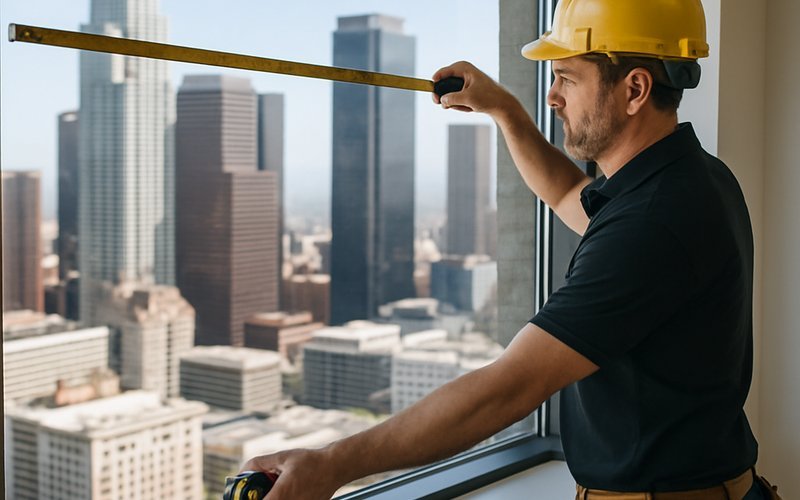 Contractor measuring windows for smart glass installation in a downtown Los Angeles office building