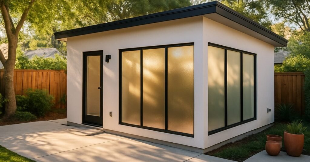 Smart glass windows installed on a modern backyard ADU home office in San Jose CA with frosted privacy glass panels and afternoon sunlight
