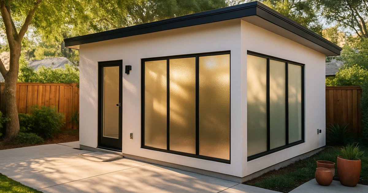 Smart glass windows installed on a modern backyard ADU home office in San Jose CA with frosted privacy glass panels and afternoon sunlight